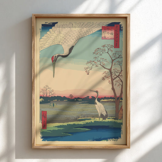 Japanese art poster of two cranes in a field at sunset, Ukiyo-e style, soft color palette.