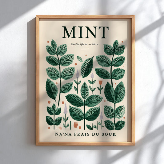 Mint kitchen poster featuring green leaves on beige background, botanical style for home decor