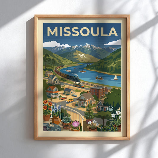 Retro-modern Missoula landscape poster with mountains, river, train, and trolley in blues and greens.