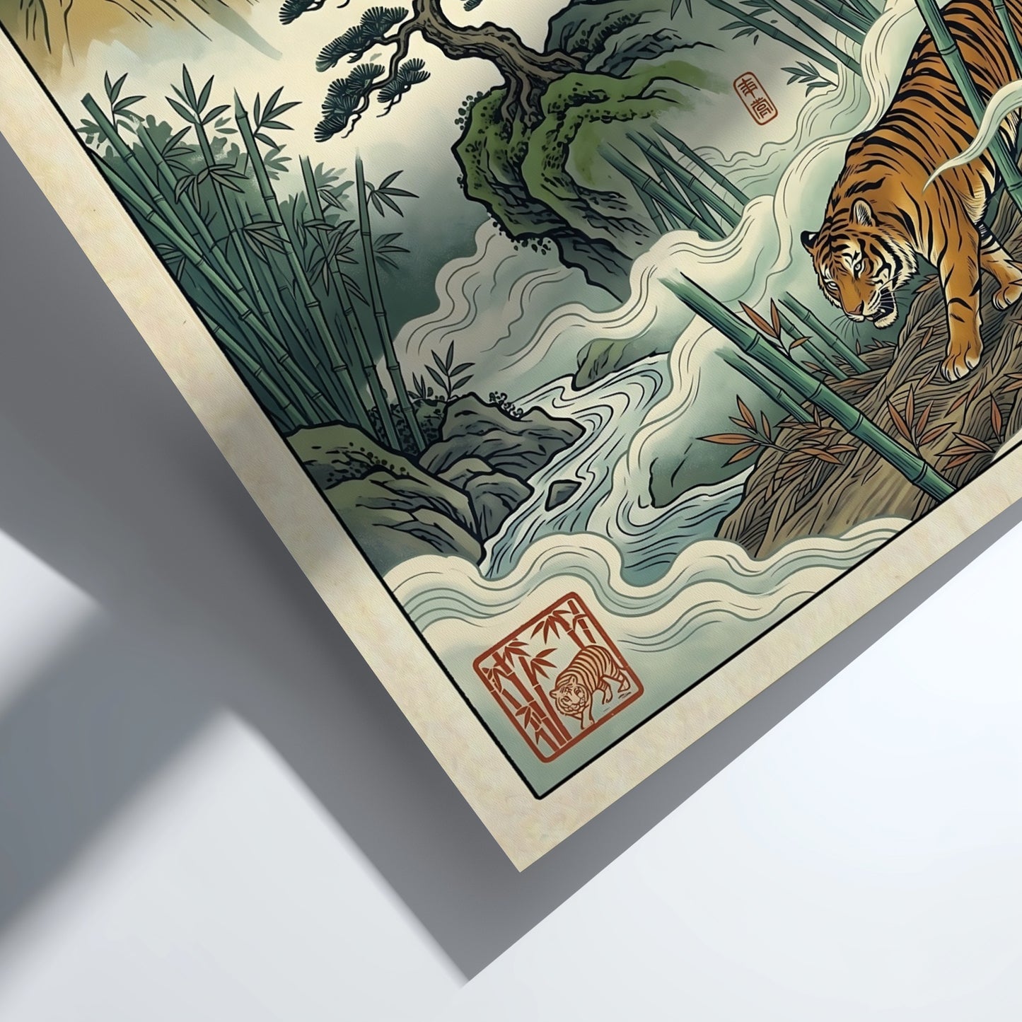 Japanese art style poster featuring bamboo, mountains, and a tiger in soft colors