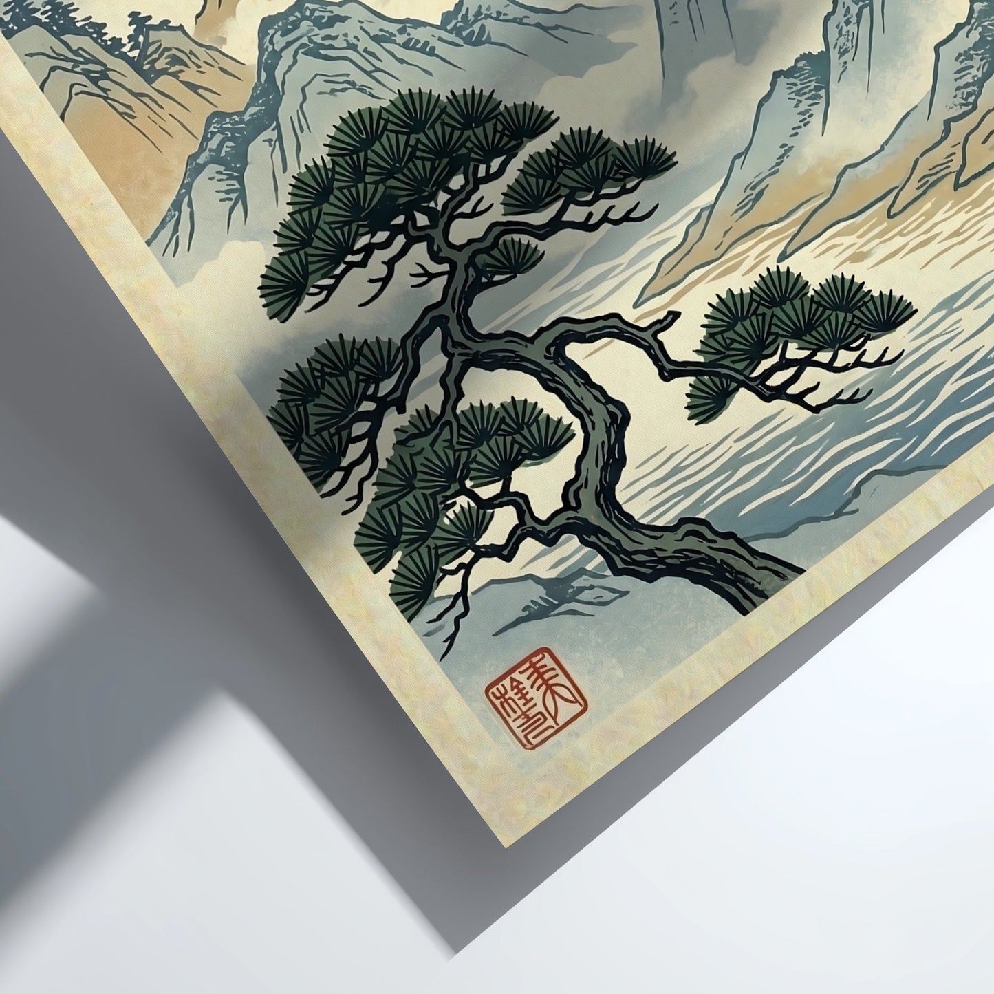 Japanese art style poster featuring misty pine mountains in soft blue and earth tones