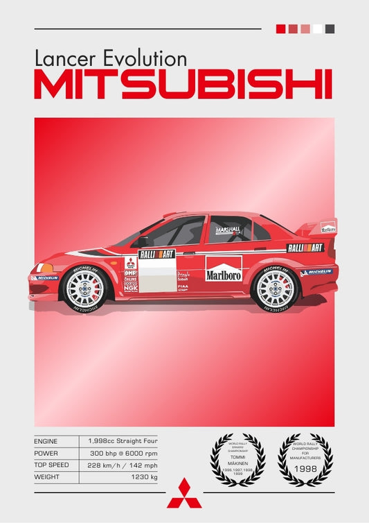 Affiche Mitsubishi Lancer Evolution – Voiture de rallye turbo à traction intégrale emblématique
