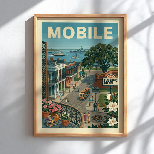 Vintage Mobile waterfront poster with historic buildings, trolley, and ships in a muted color palette.