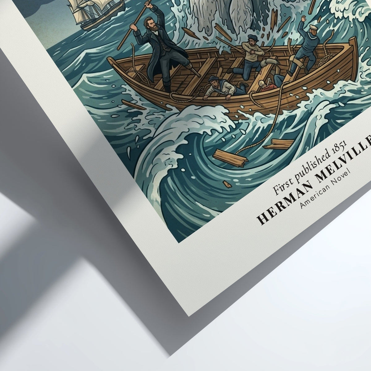 Poster featuring a giant white whale attacking a wooden boat in stormy seas.