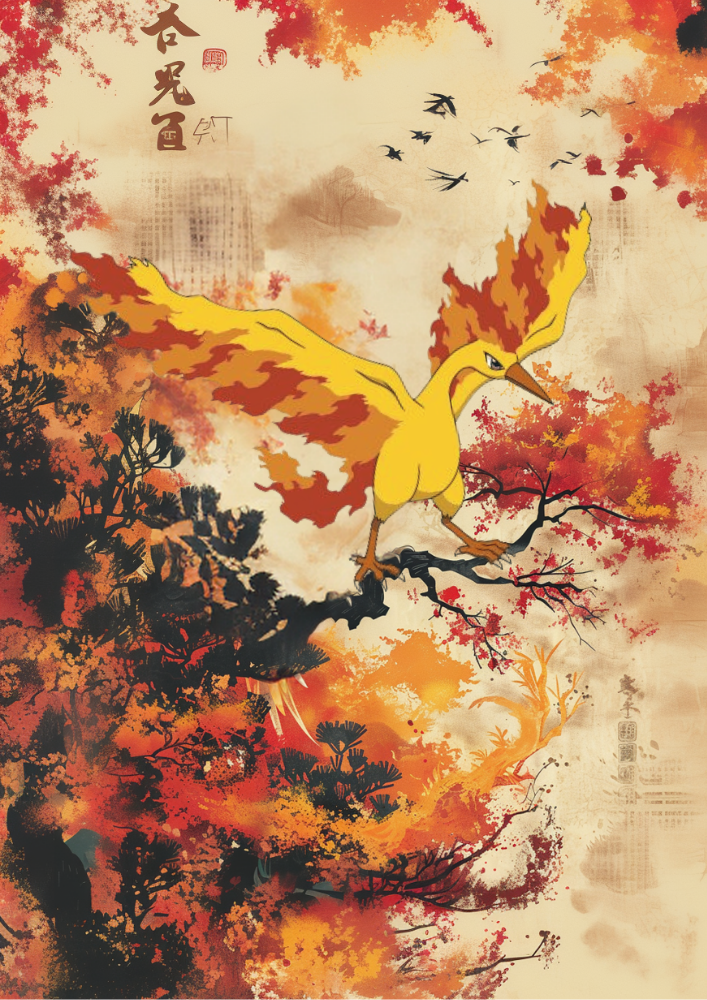 Affiche Pokémon Sulfura - Illustration inspirée des Pokémon de style japonais