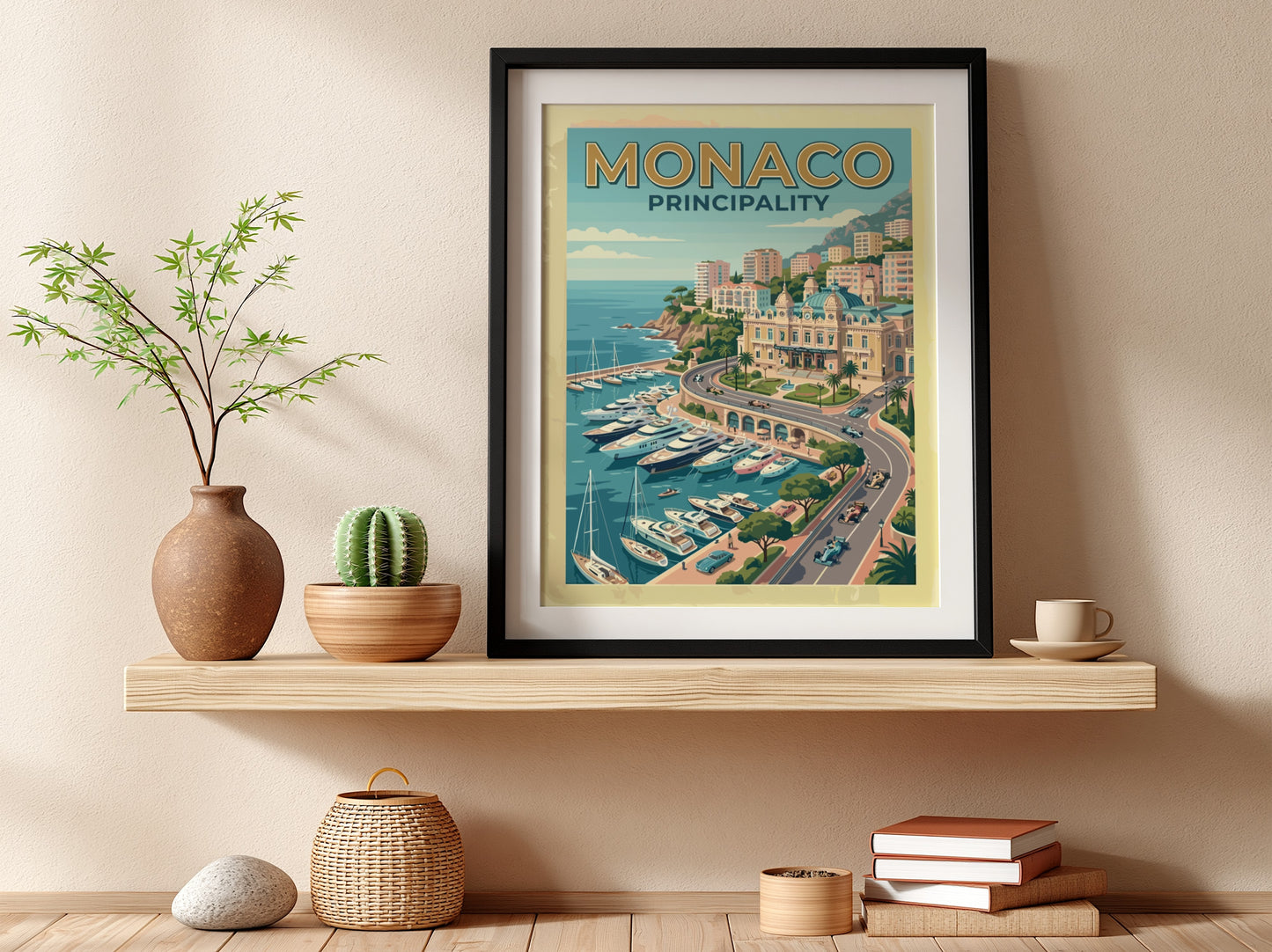 Travel poster of Monaco Principality featuring luxury yachts in a harbour and race cars.