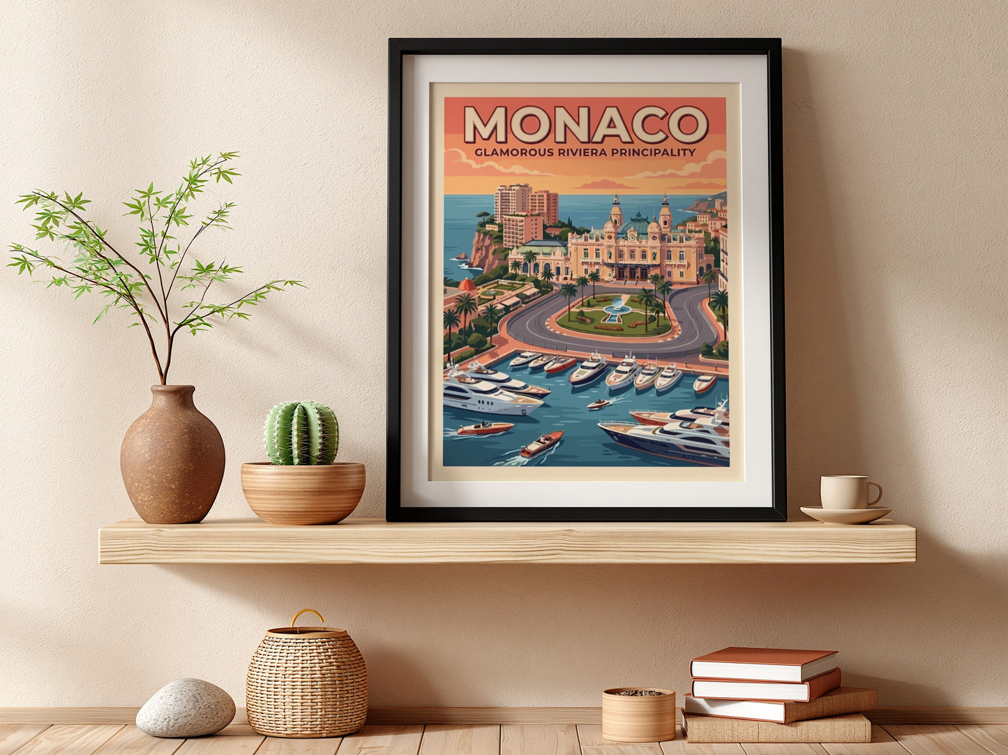 Travel poster of Monaco featuring the casino, luxury yachts, and warm sunset skies.