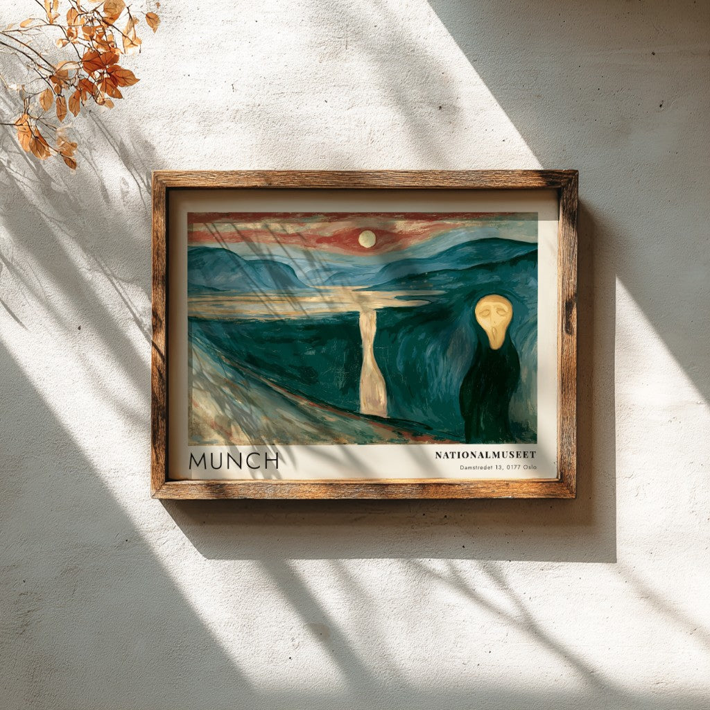 Munch Nationalmuseet exhibition poster featuring a dark fjord landscape under an orange moon.
