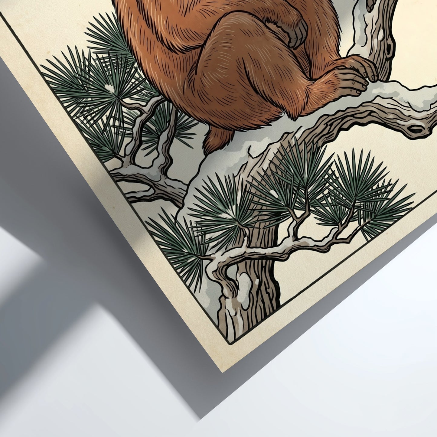 Japanese art style poster featuring a monkey on a pine branch with warm earthy tones