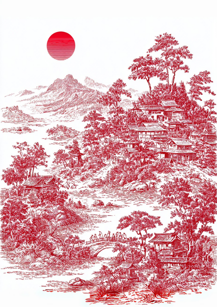 Red and white landscape with mountains, trees, and a bridge.