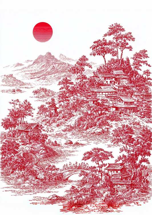 Red and white landscape with mountains, trees, and a bridge.
