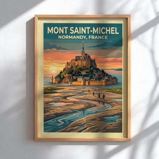 Travel poster of Mont Saint-Michel in Normandy with a golden sunset and hikers