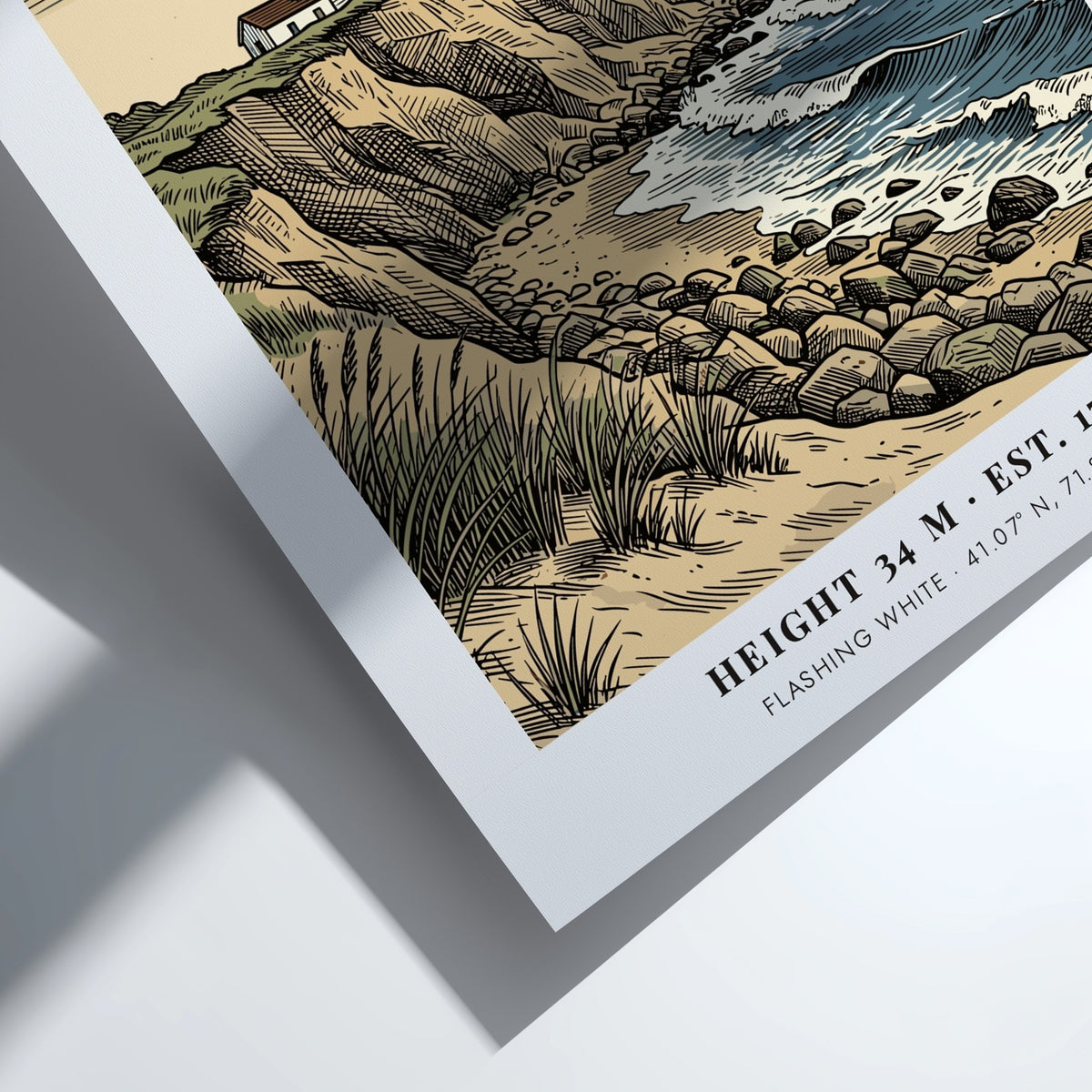 Poster of Montauk Point lighthouse featuring a tan sky and blue ocean waves