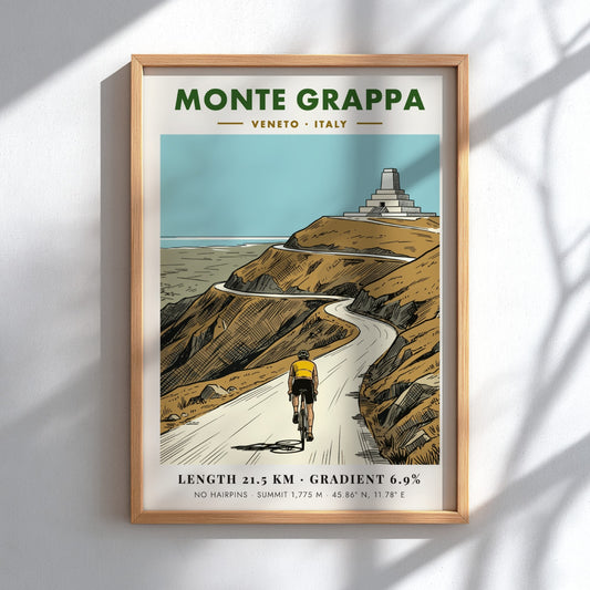 Poster of a cyclist riding towards the Monte Grappa summit monument in Italy