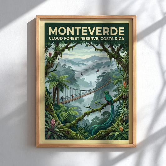 Travel poster featuring the Monteverde Cloud Forest Reserve with a quetzal and bridge.