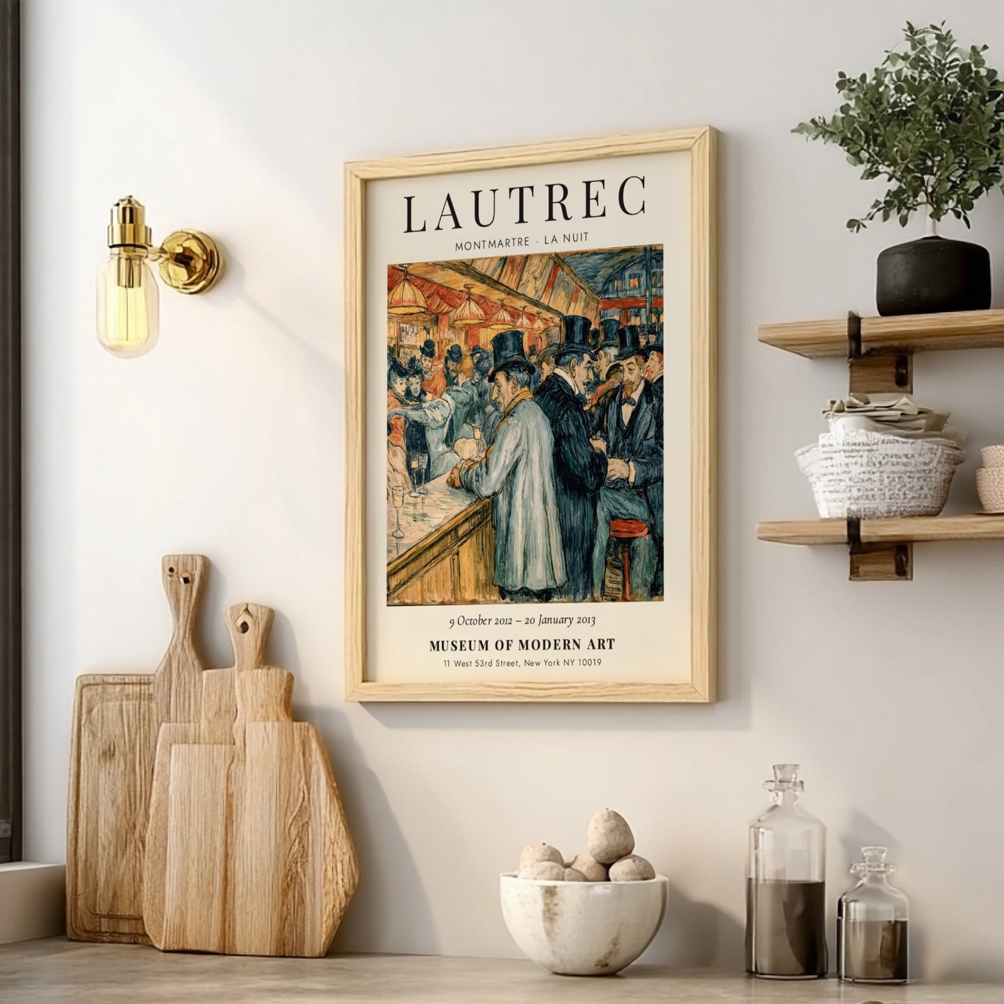 Montmartre La Nuit poster featuring Toulouse-Lautrec's vibrant nightlife scene with warm colors and