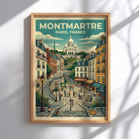 Montmartre Paris travel poster featuring Sacré-Cœur Basilica, vintage style with warm colors and charming