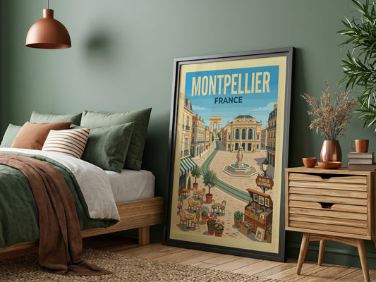 Montpellier Place de la Comedie travel poster featuring French architecture, cafes, and a fountain in a retro