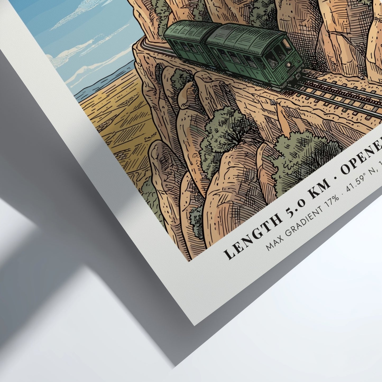 Montserrat mountain railway poster featuring a green train climbing rocky cliffs in Catalonia.