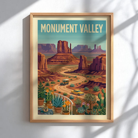 Vintage Monument Valley travel poster with desert landscape, buttes, and retro cars in a warm, earthy color
