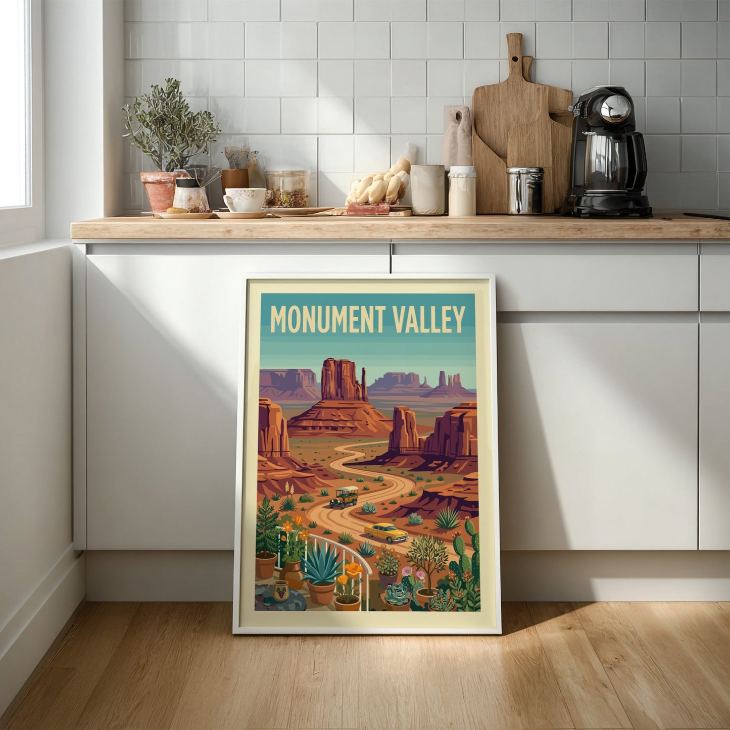 Vintage Monument Valley travel poster with desert landscape, buttes, and retro cars in a warm, earthy color