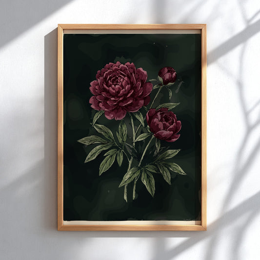 Poster featuring deep crimson peonies and olive leaves against a dark moody charcoal background.