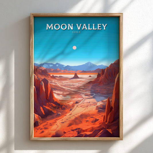 Moon Valley Travel Poster - Light Wooden Frame