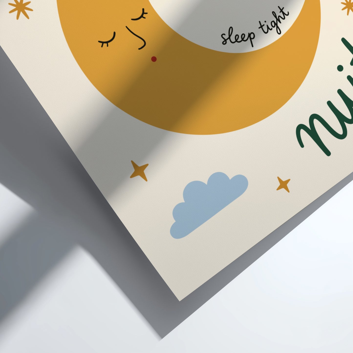 Kids room poster featuring a golden crescent moon with a face, clouds, and stars in warm colors.