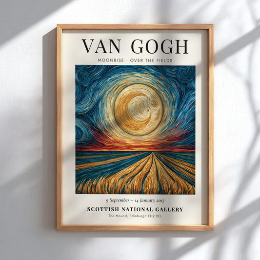 Moonrise - Over the Fields poster featuring swirling skies and golden fields inspired by Van Gogh's style