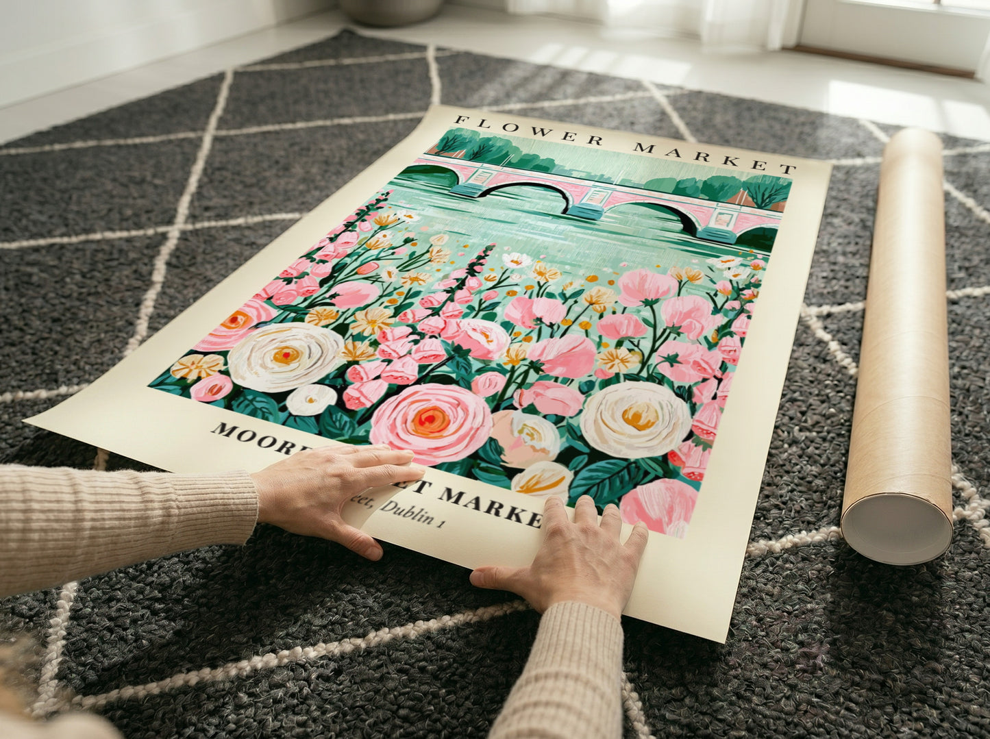 Flower Market artwork featuring pink and white flowers with a serene water backdrop, ideal for wall decor.