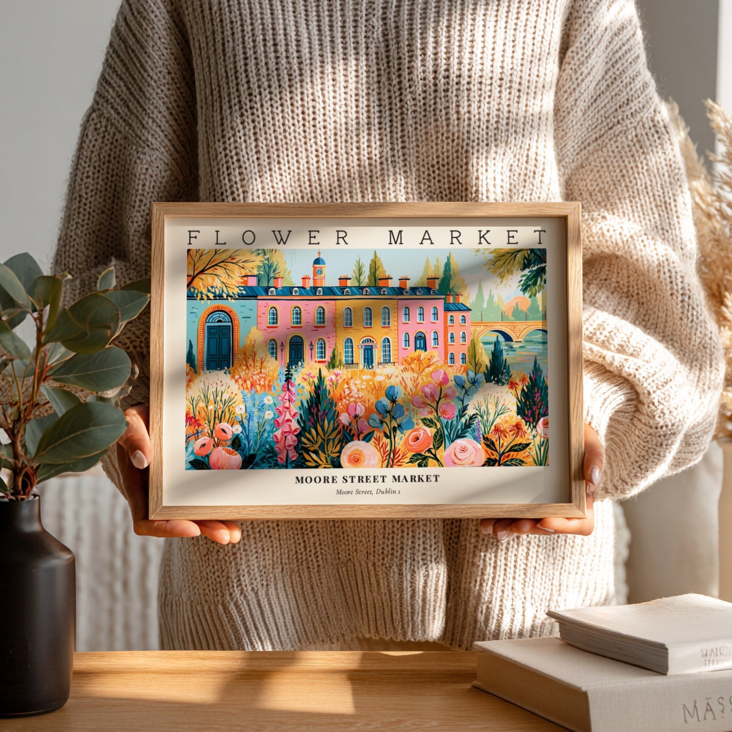 Flower market posters featuring vibrant floral landscape art in bright colors