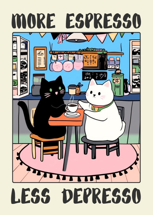More Espresso Less Depresso – Funny Black Cat Coffee Print, Coffee Lover Wall Art, Kitchen Decor, Handmade Cat Poster, Coffee Bar Decor, Unique Gift