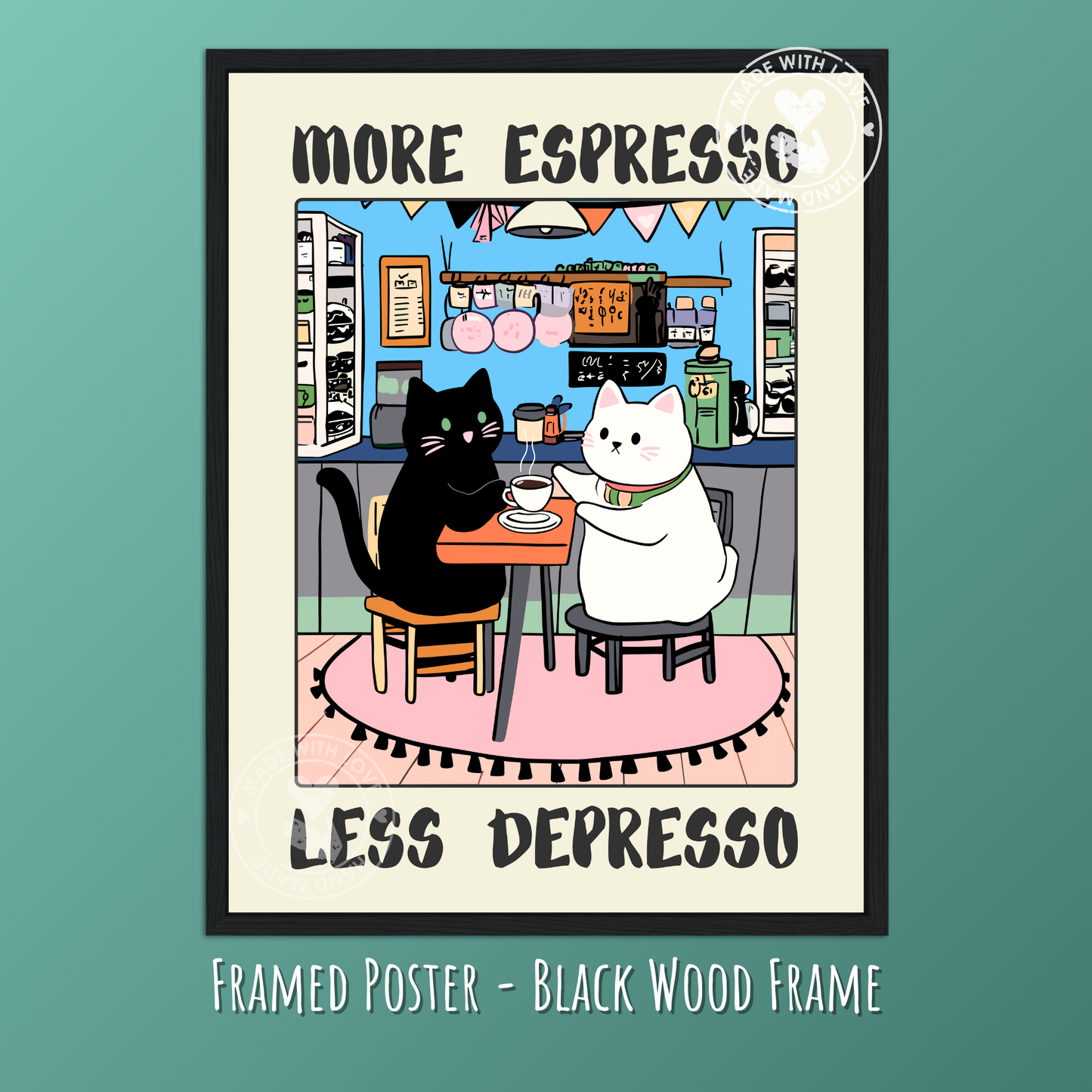 Coffee Lover Wall Art, Kitchen Decor, Handmade Cat Poster, Coffee Bar Decor, Unique Gift