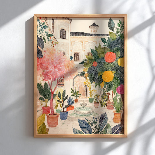 Poster of a Moroccan riad courtyard with lush plants, orange trees, and a fountain, in a colorful