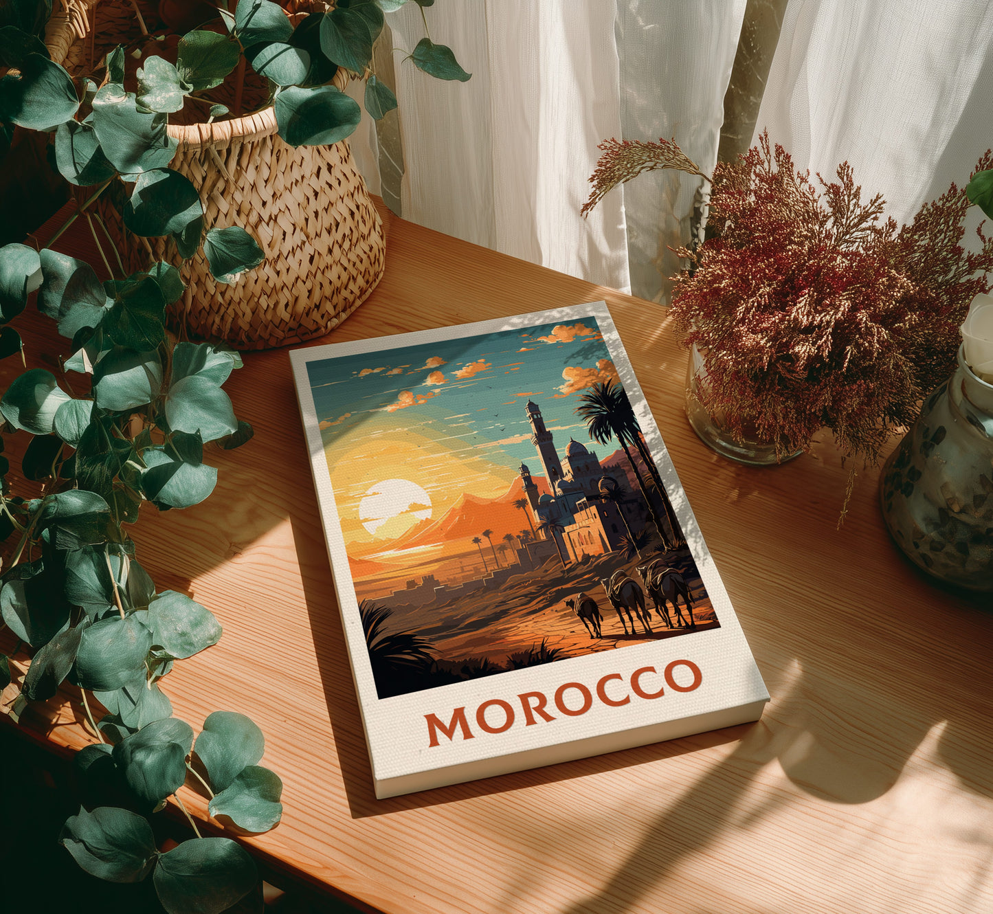 Canvas 'Morocco' on a wooden table with decorative plants