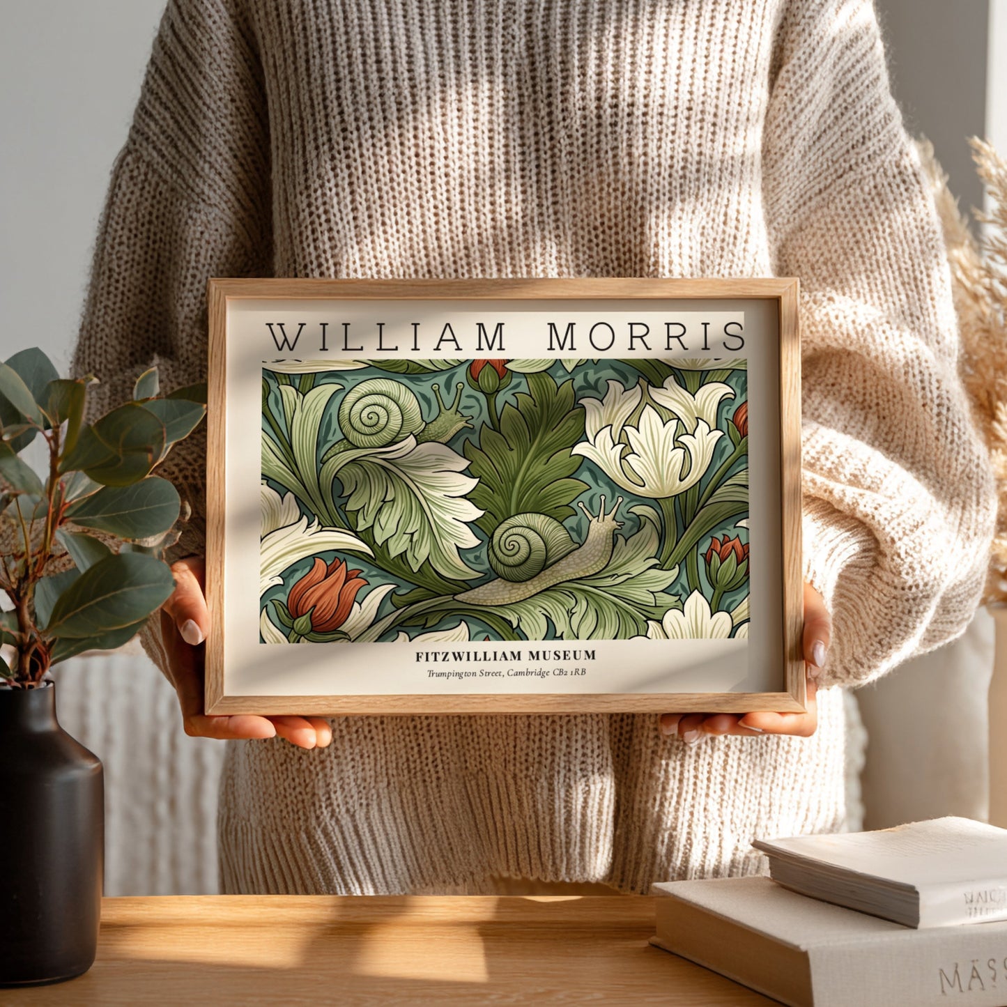 William Morris decorative arts print featuring floral designs in green and soft hues, perfect wall art for