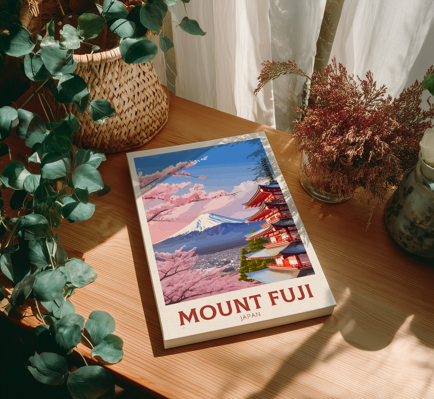 Canvas'Mount Fuji Japan' on a wooden table with plants
