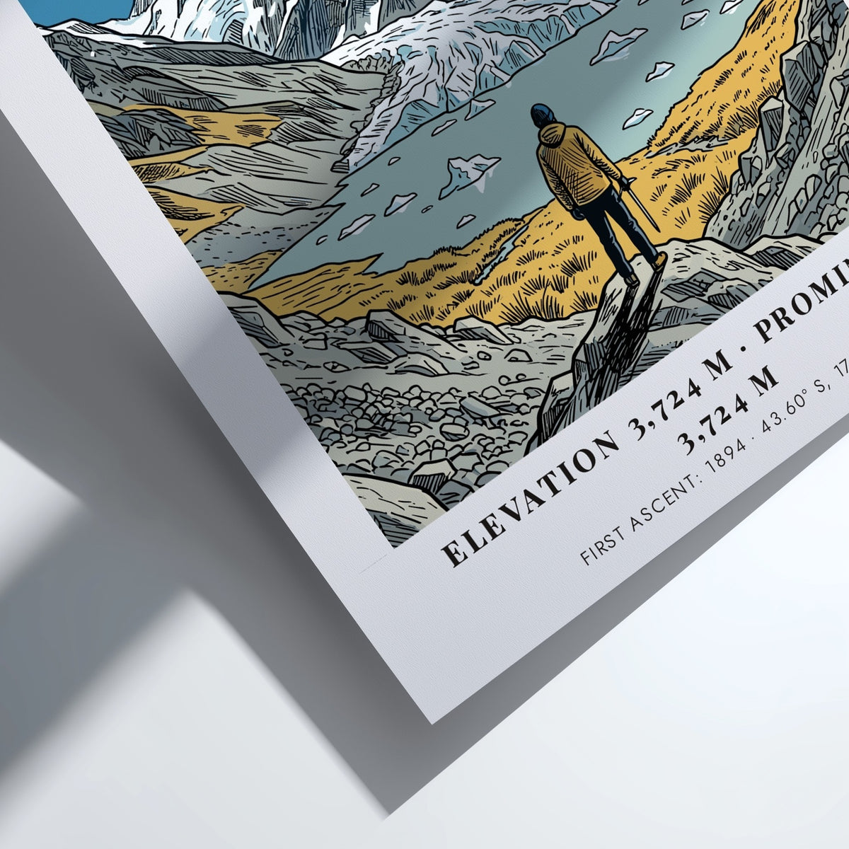 Poster of Mount Cook in the Southern Alps featuring a mountaineer overlooking a lake.