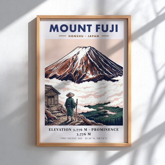 Poster of Mount Fuji in Japan with a traveler looking at the mountain peak.
