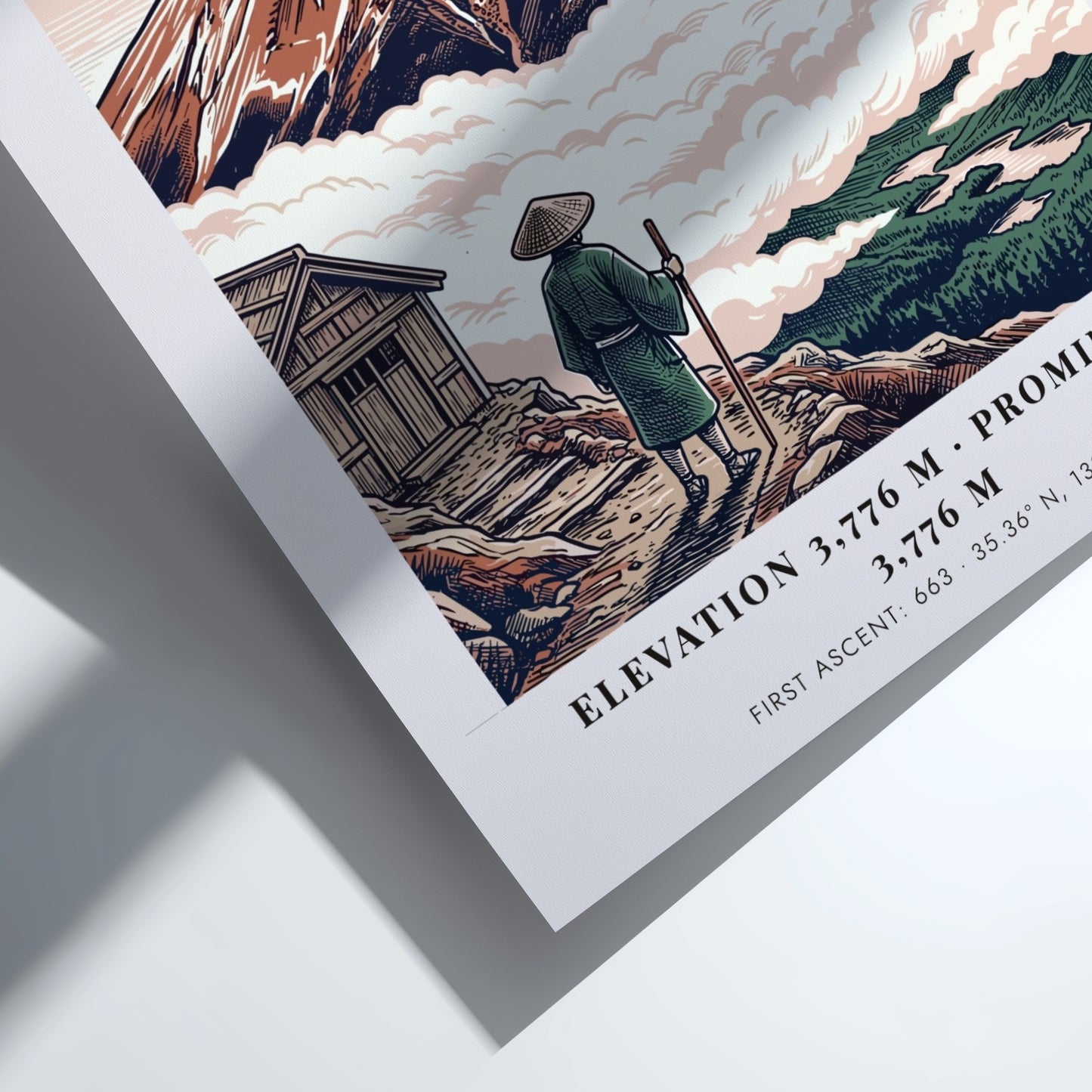 Poster of Mount Fuji in Japan with a traveler looking at the mountain peak.