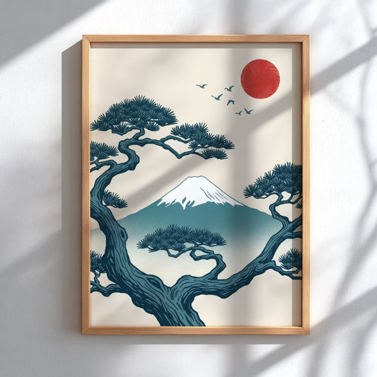 Poster featuring Mount Fuji behind pine tree branches with a red sun above.
