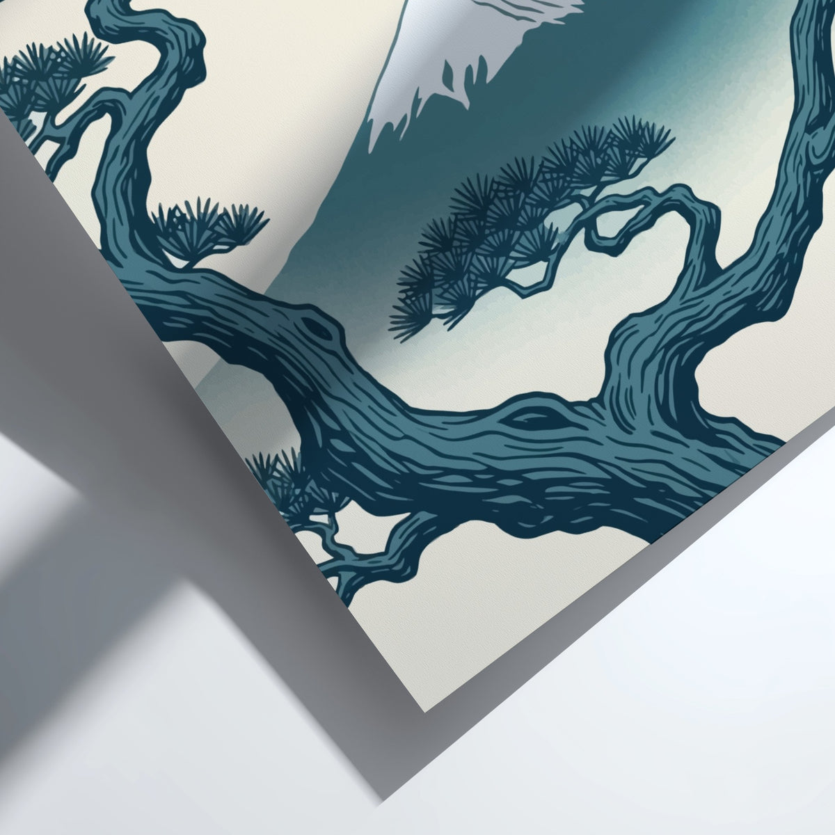 Poster featuring Mount Fuji behind pine tree branches with a red sun above.