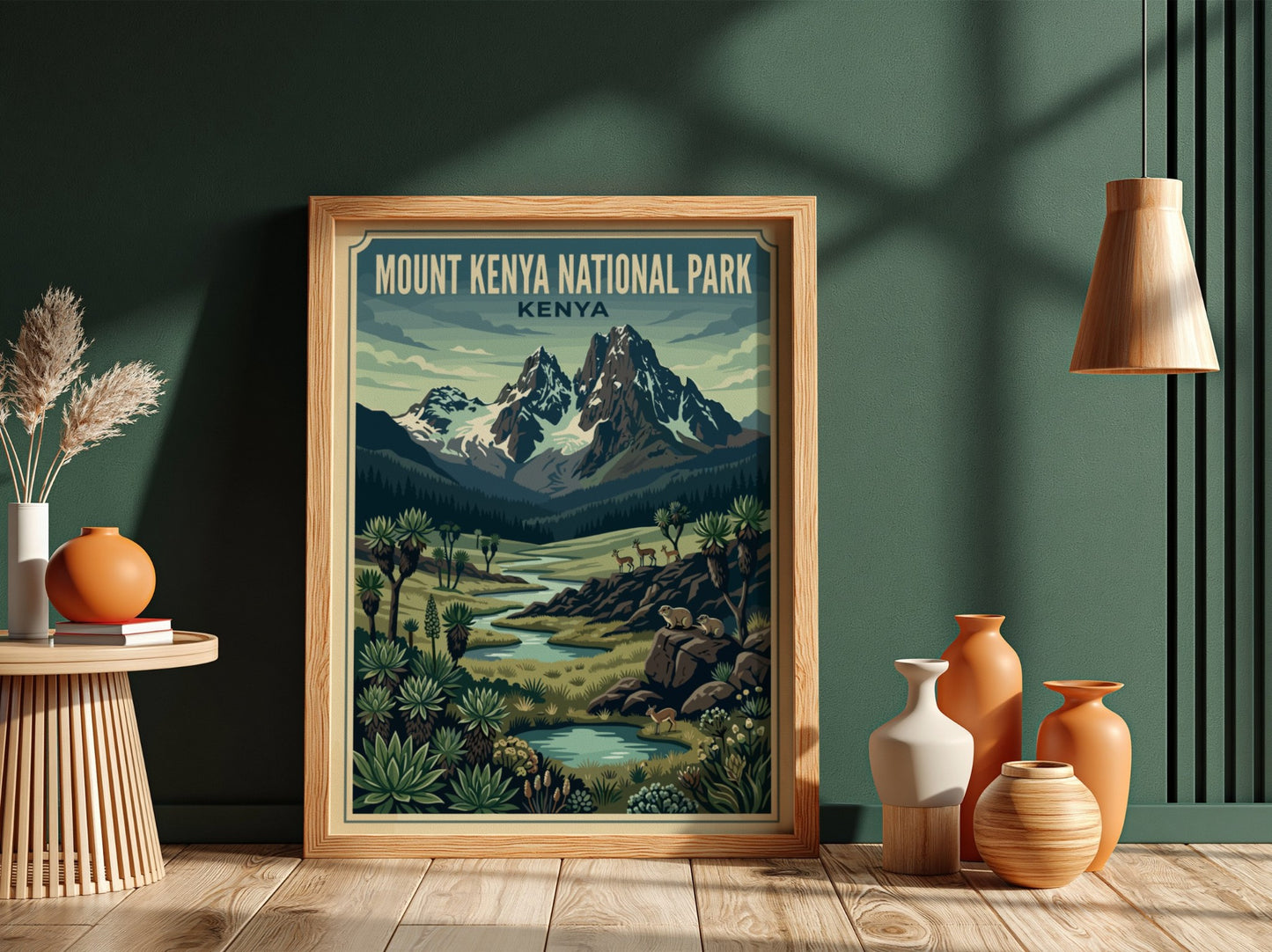 Mount Kenya National Park poster featuring mountains, greenery, and a river in vibrant colors, perfect for