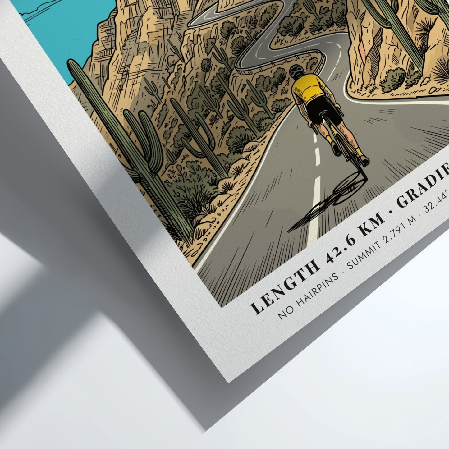 Poster of a cyclist climbing the winding Mount Lemmon road in Arizona with cacti.