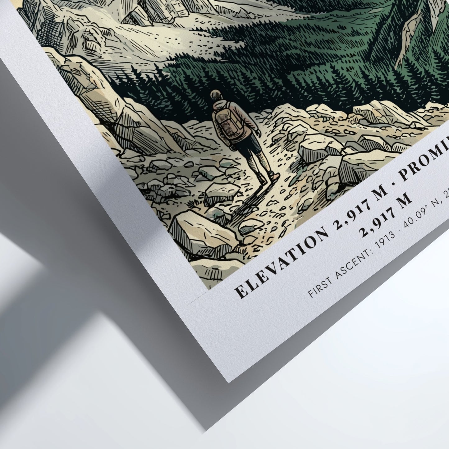 Poster of Mount Olympus in Greece featuring rugged peaks and a lone hiker trekking.