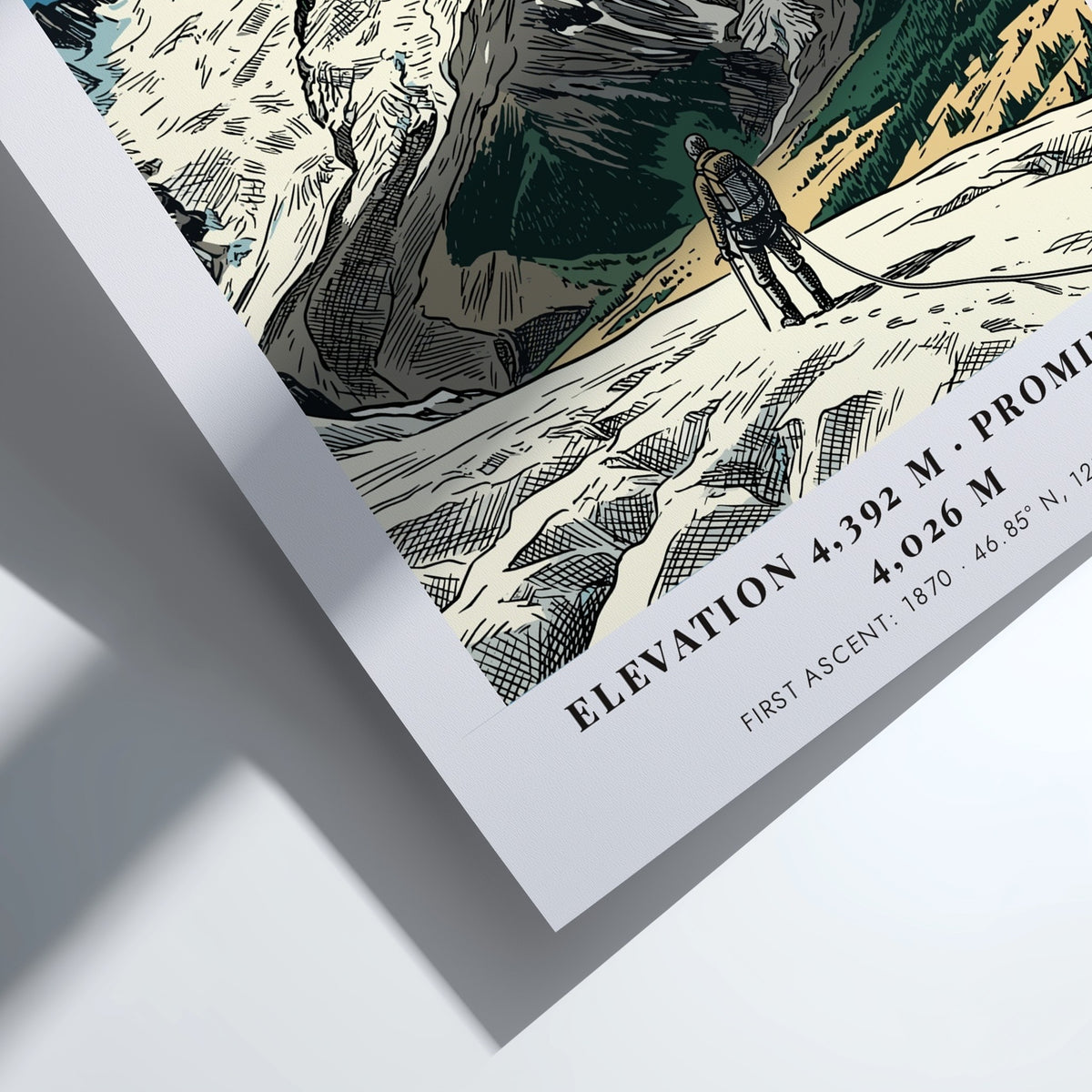 Mount Rainier poster shows a climber on a snowy peak in blue tones.