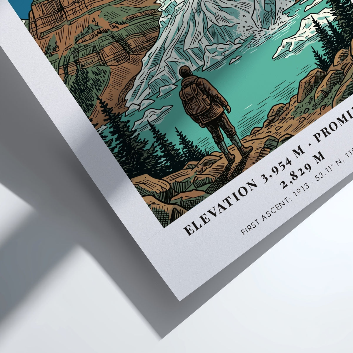 Poster featuring Mount Robson and a hiker by a glacial lake, Canadian Rockies style.