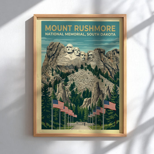 Travel poster of Mount Rushmore National Memorial with American flags and pine trees.