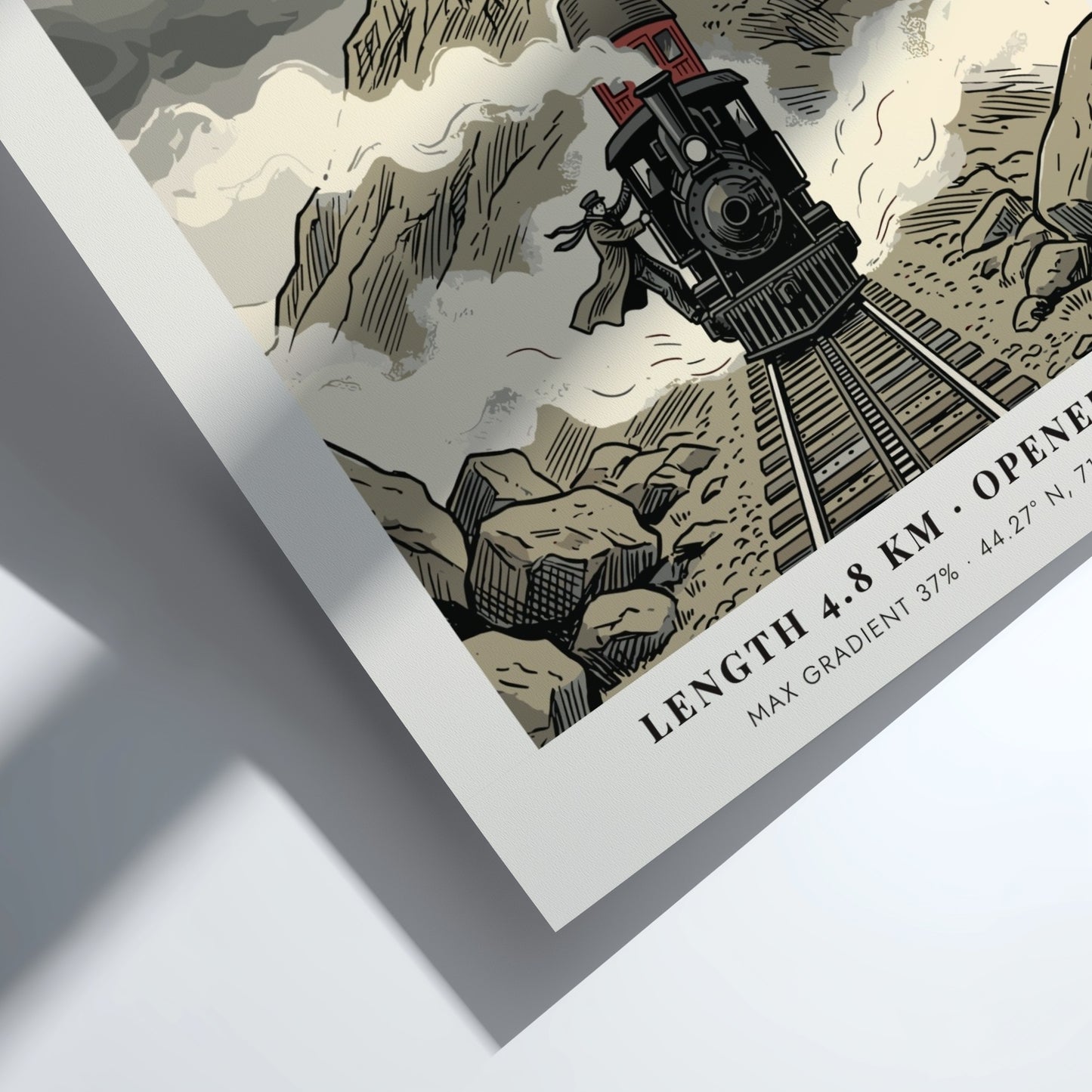 Poster featuring a vintage steam train climbing the steep, rocky slopes of Mount Washington.