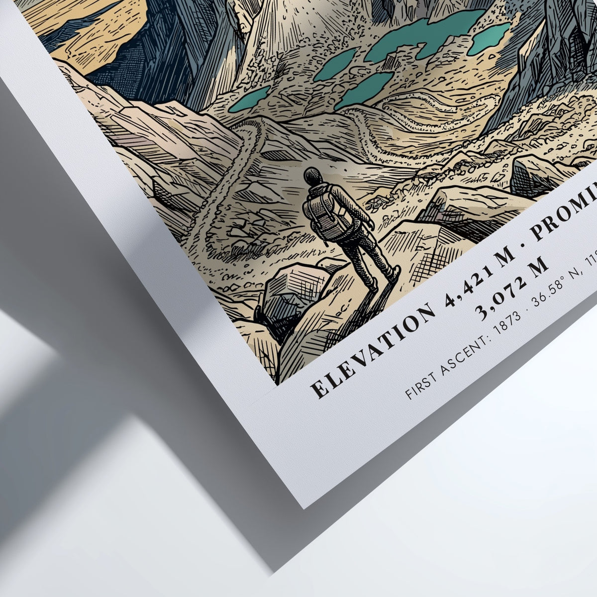 Poster of Mount Whitney in the Sierra Nevada featuring a hiker and lakes.